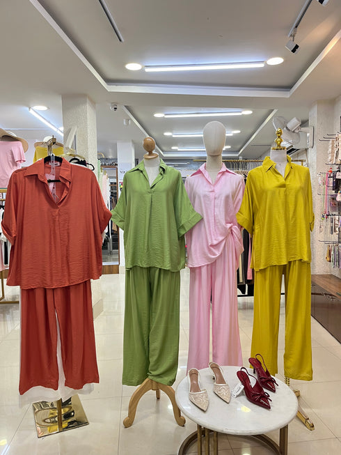 Collar Down Pullover Short Sleeves Shirt With Trousers Sets